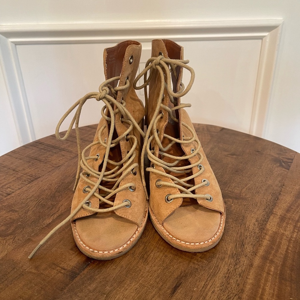 Free People Tan Suede Lace-Up Open-Toe Heeled Sandals